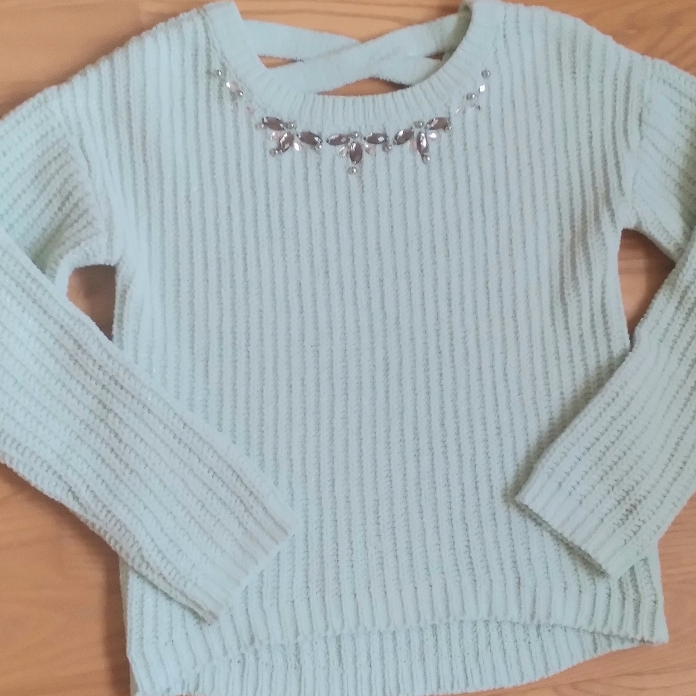 Sugar Rush Girls Cozy Soft Green Sweater Rhinestone Embellishments Medium